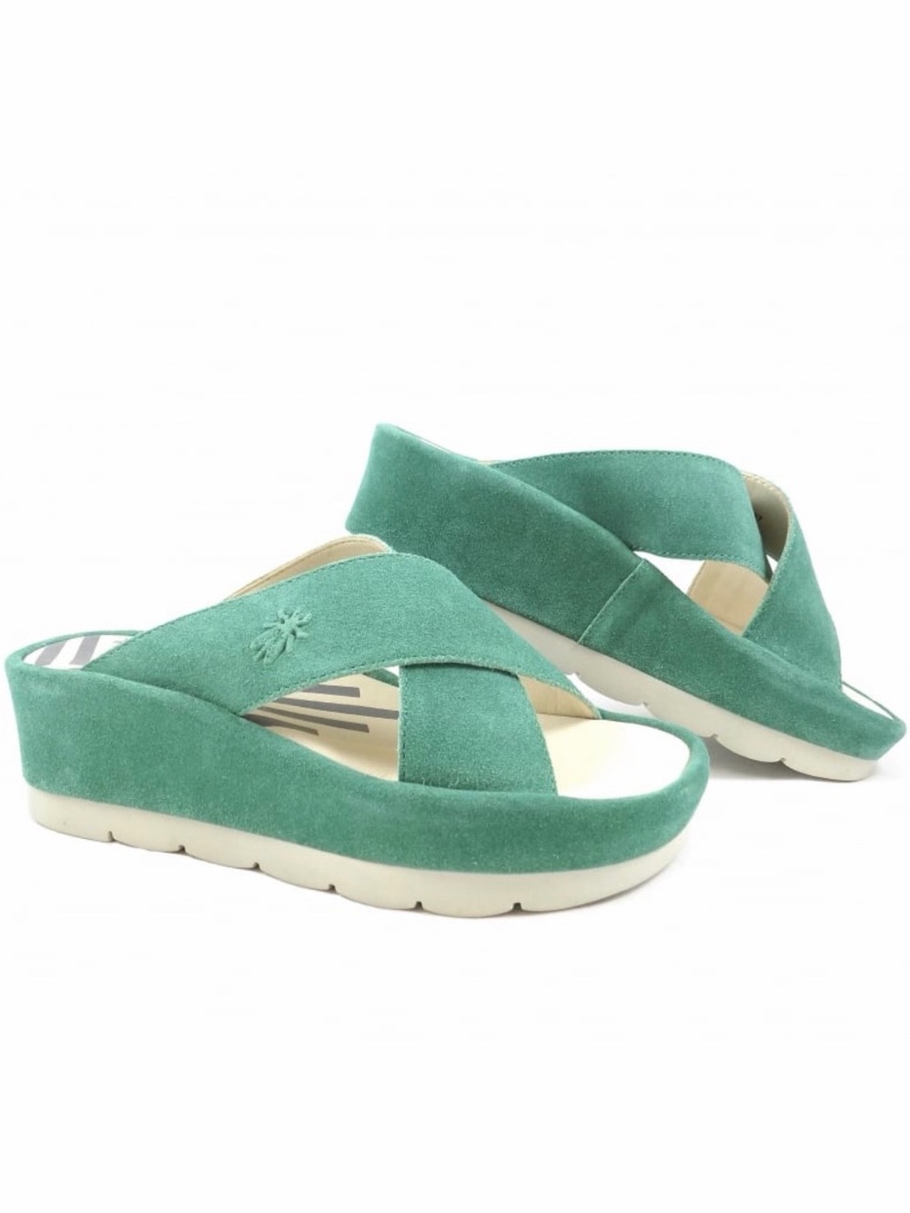 FLY London Emerald Green Suede Crisscross Slide Mules